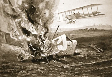 Tweede luitenant Patrick op het punt te landen naast een Duits vliegtuig dat hij had neergeschoten